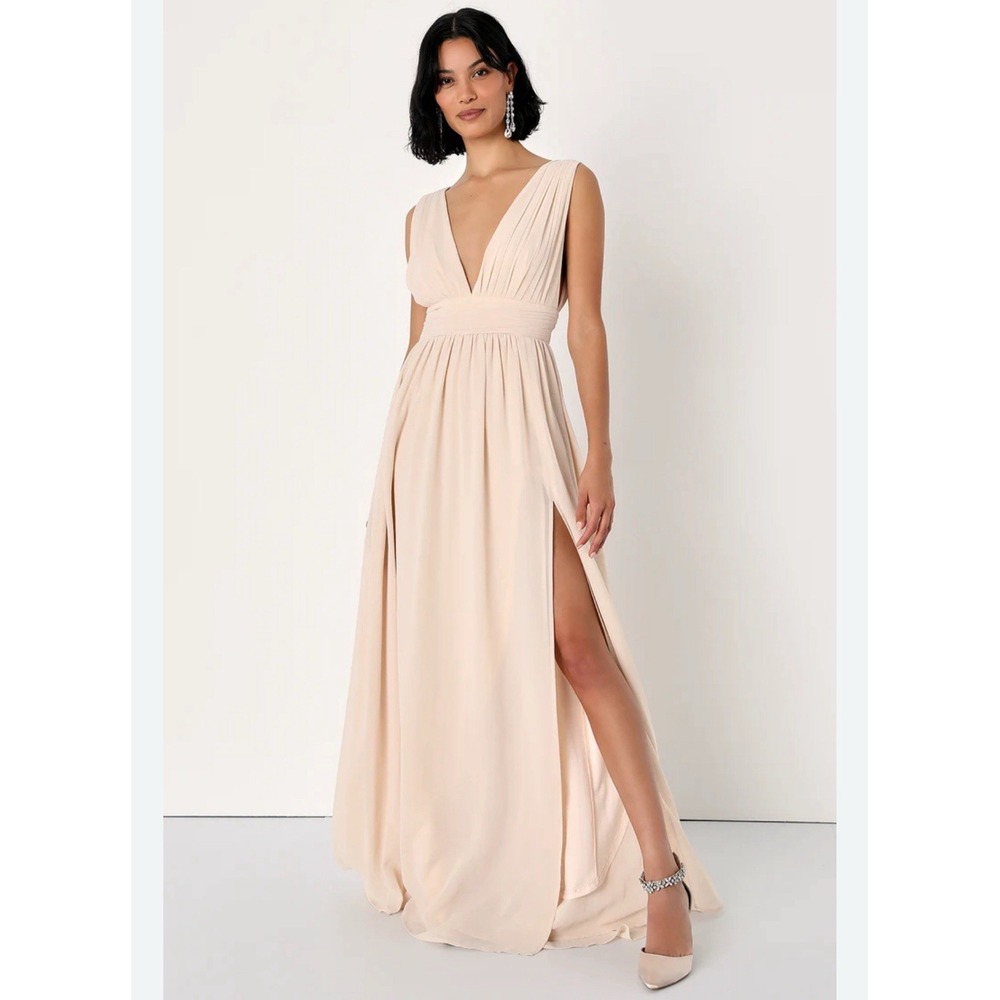 Lulus Champagne Pleated V Neck Maxi Dress Formal Gown Bridesmaid Size‎ S